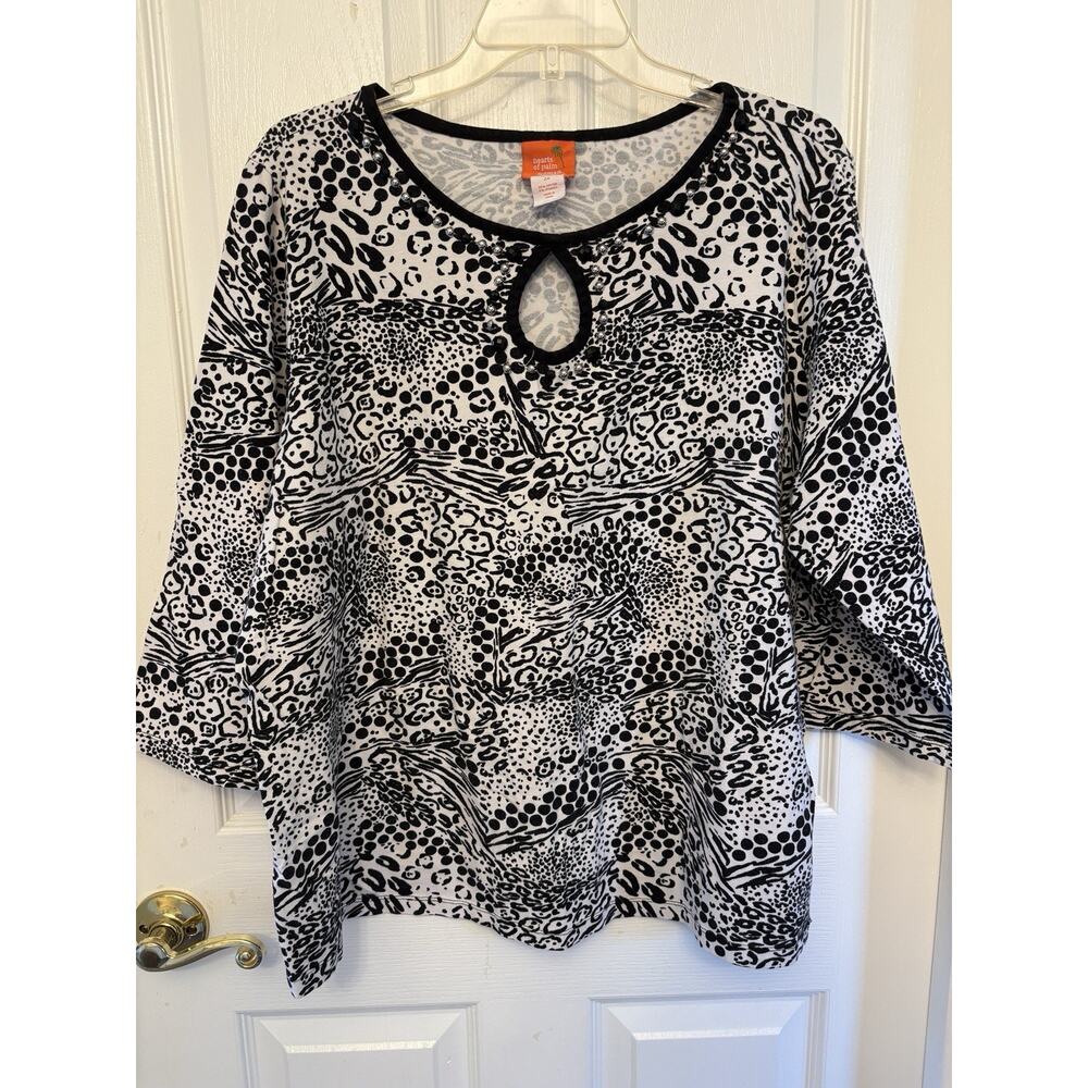 Hearts of Palm Women's Tropical Forest Print Knit Top Front Beads Size Large